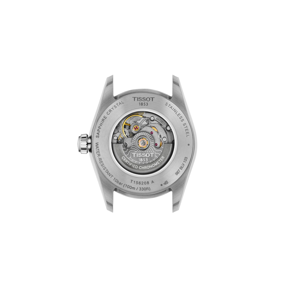 The exhibition case back of a Tissot Ballade Powermatic 80 Automatic 30mm Watch, revealing the internal movement mechanism and engraved technical specifications.