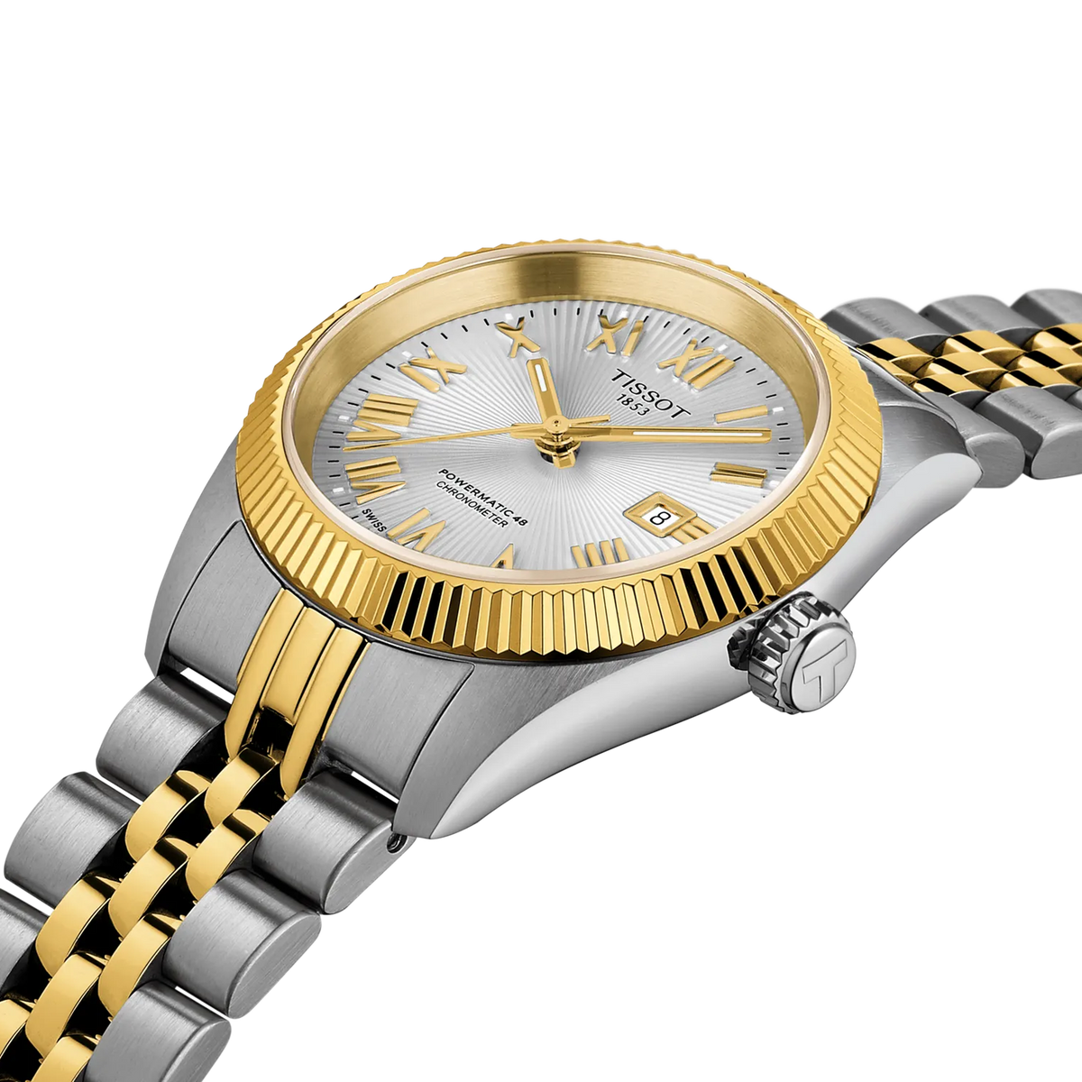Tissot Ballade Powermatic 80 Automatic 30mm watch featuring a two-tone design, silver dial, gold fluted bezel, Roman numeral hour markers, and a date window at the three o’clock position.