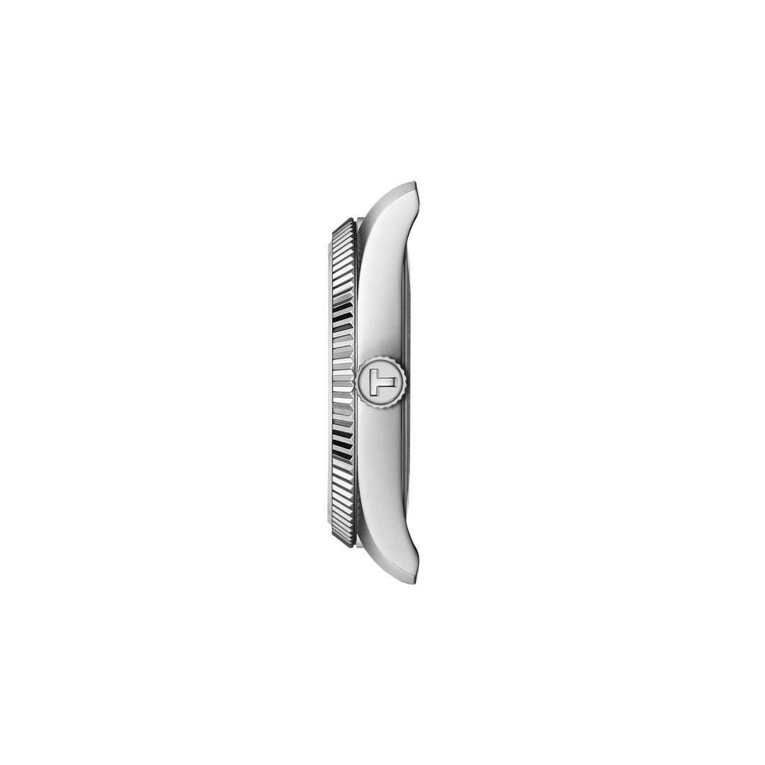 Side view of the Tissot Ballade Quartz 34mm Watch, featuring a silver case with fluted bezel and an engraved crown, set against a plain white background.
