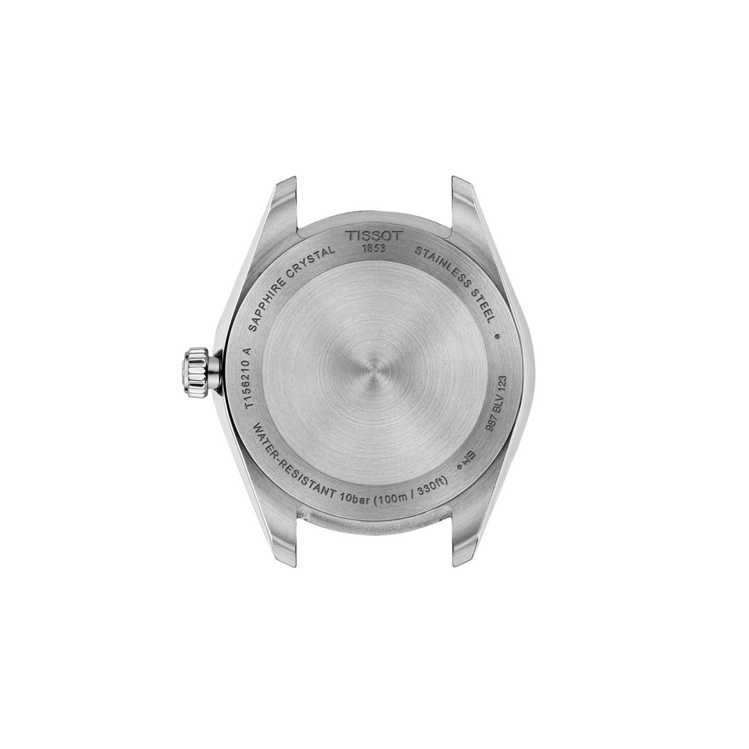 The image shows the back of a Tissot Ballade Quartz 34mm Watch case in stainless steel, engraved with "TISSOT 1853," water resistance, sapphire crystal, and model specs. The interchangeable bracelet is not attached.