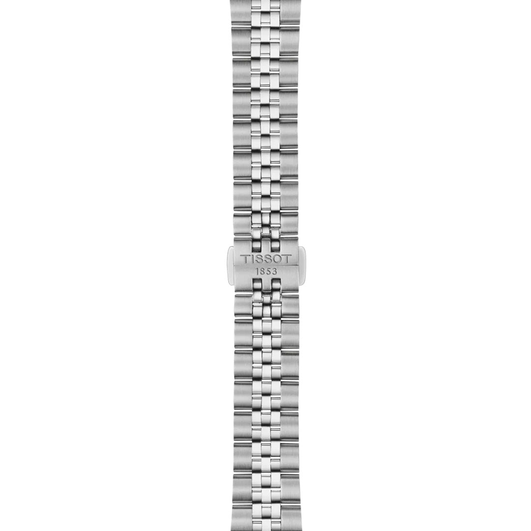 The Tissot Ballade Quartz 34mm Watch features a stainless steel bracelet with polished and brushed finishes, an interchangeable design, and a clasp engraved with "TISSOT 1853" at the center.