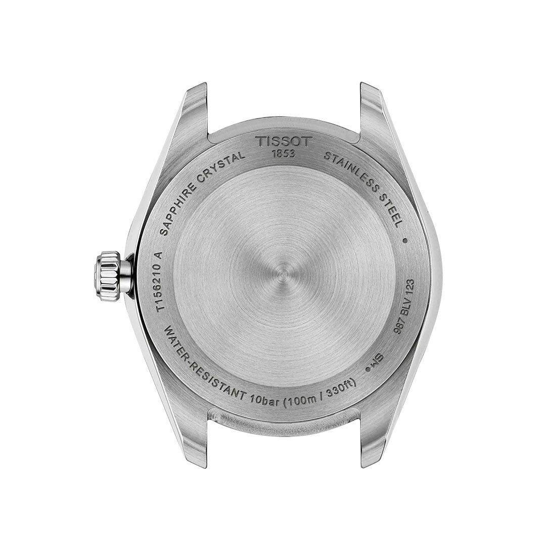 A close-up of the Tissot Ballade Quartz 34mm Watch's stainless steel case highlights engraved details like water resistance, sapphire crystal, and model number. The interchangeable bracelet and crown on the left are also visible.