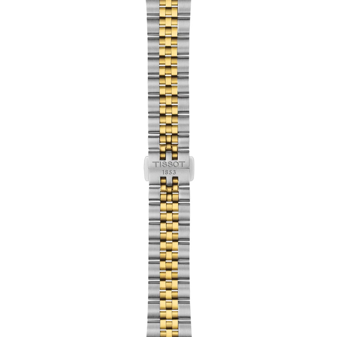 The Tissot Ballade Quartz 34mm features an elegant silver and gold bracelet with a "TISSOT 1853" engraved clasp, perfectly complementing its sophisticated guilloché dial for a modern look.
