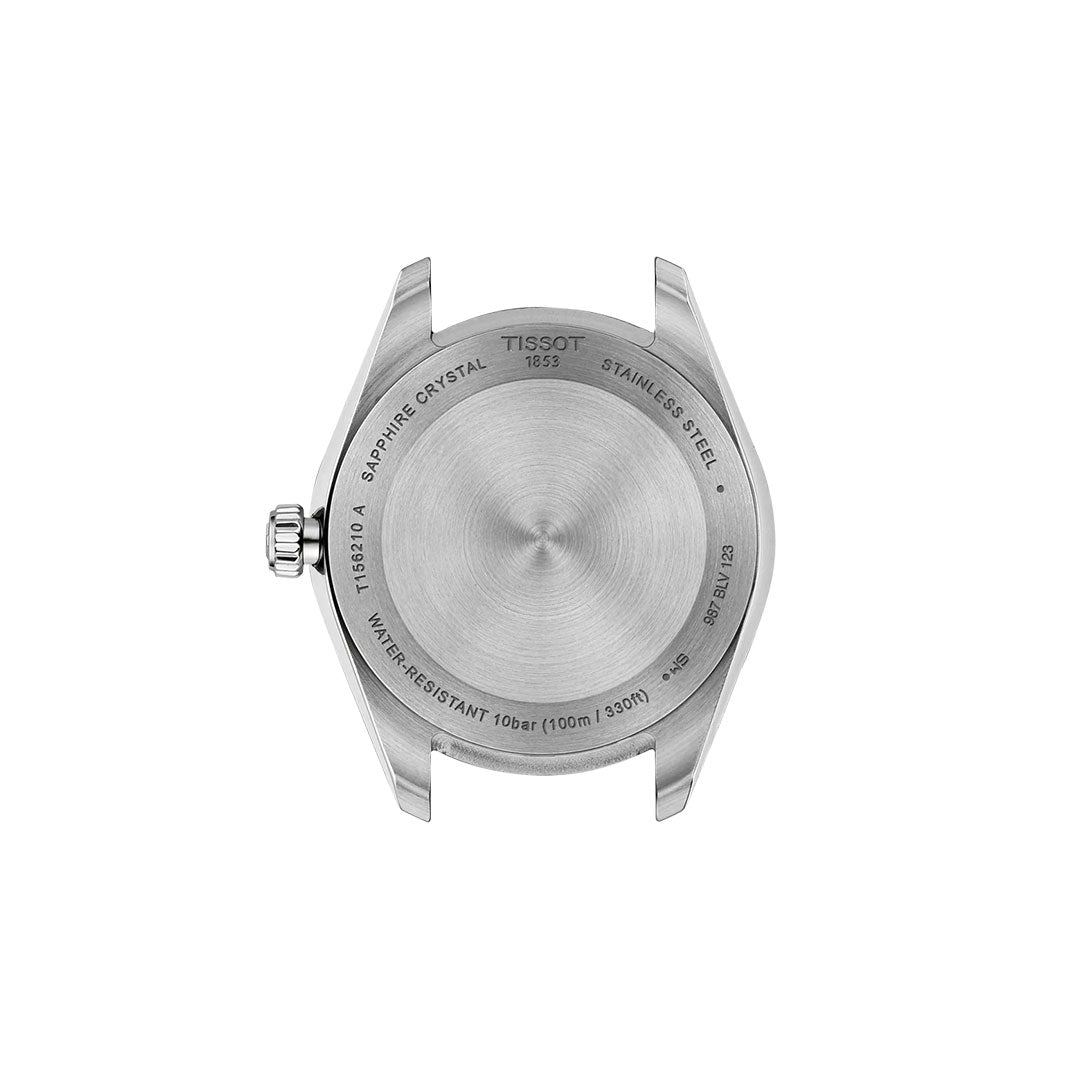 Back view of the Tissot Ballade Quartz 34mm watch in stainless steel, showing engraved details like the Tissot brand name, sapphire crystal, 10 bar/100m/330ft water resistance, plus no guilloché dial or interchangeable bracelet.