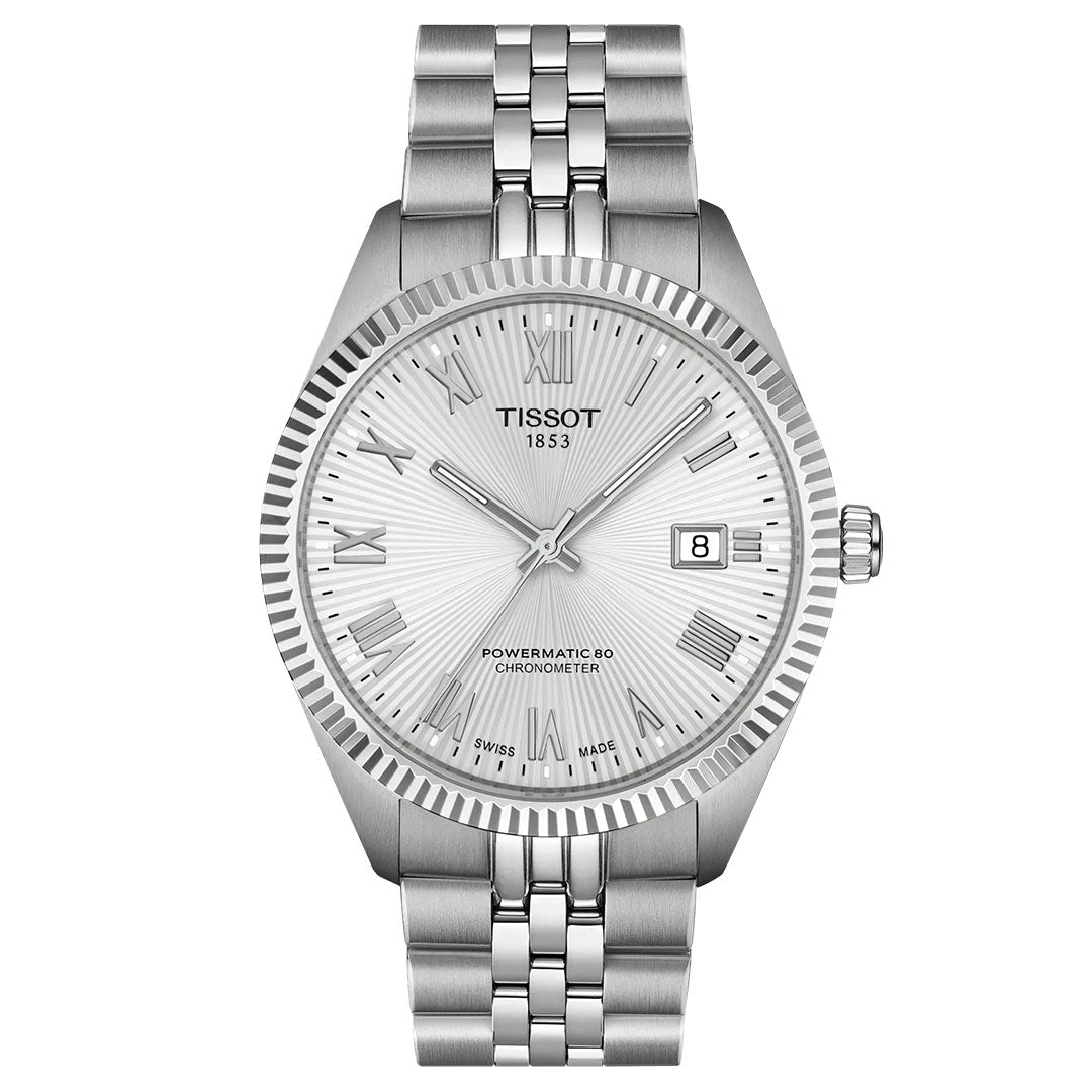 The Tissot Ballade Powermatic 80 Automatic 39mm Watch features a silver metal link band, Roman numeral markers, date window at 3 o’clock, textured dial, and displays "TISSOT 1853" and "POWERMATIC 80 CHRONOMETER" on the face.