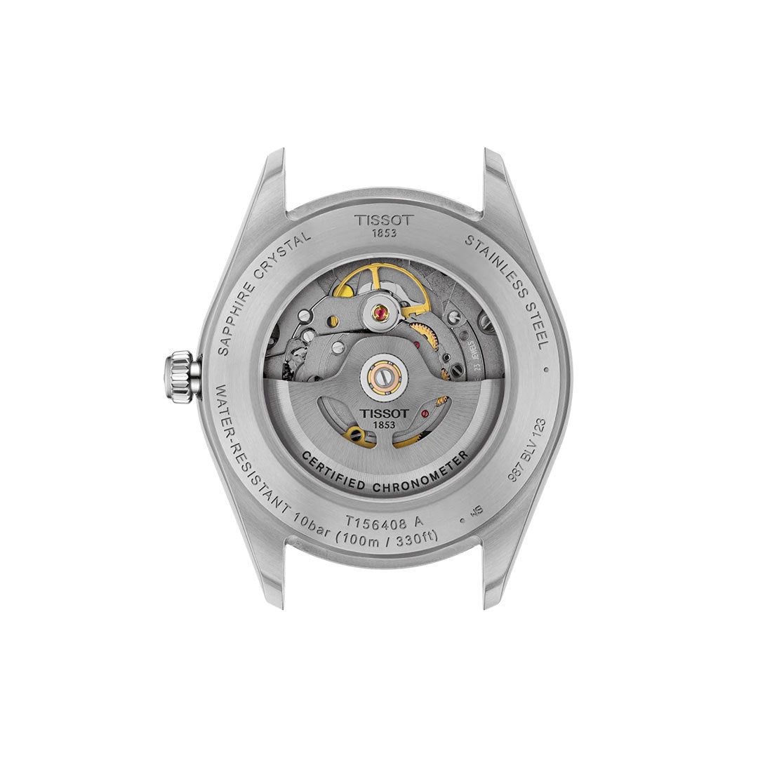 Back view of the Tissot Ballade Powermatic 80 Automatic 39mm shows its transparent case revealing the movement. The stainless steel case is marked sapphire crystal, water-resistant to 100m, and chronometer-certified.