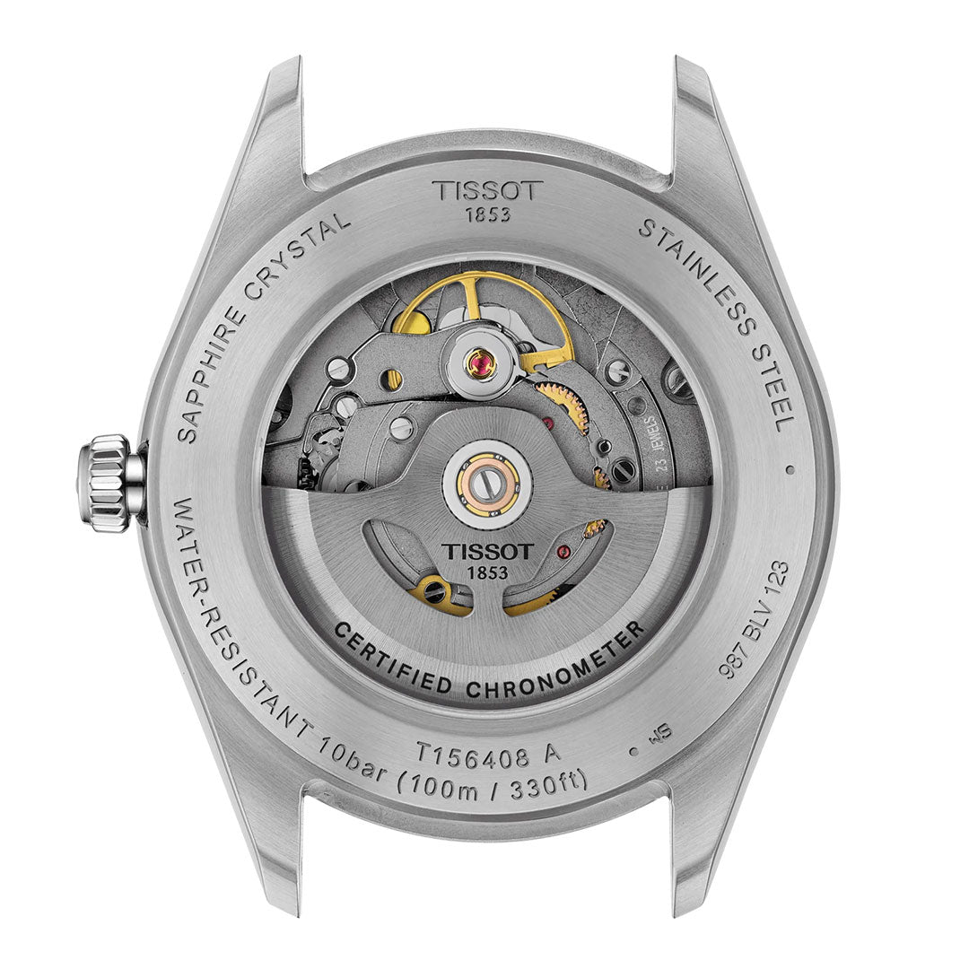 Close-up of the Tissot Ballade Powermatic 80 Automatic 39mm Watch back, displaying its transparent case showing the mechanical movement and engraved details on material, water resistance, and chronometer certification.