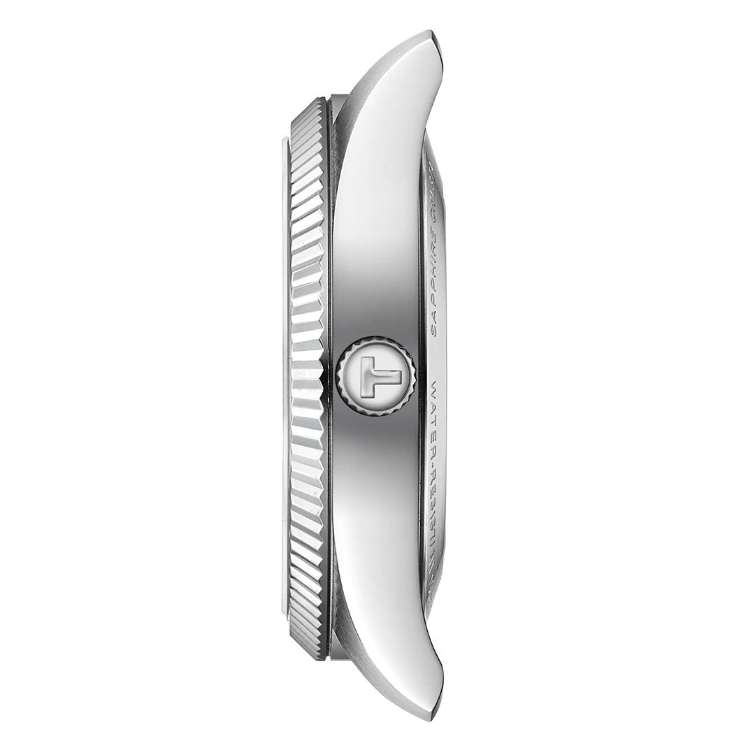 Side view of the Tissot Ballade Powermatic 80 Automatic 39mm Watch shows a silver case with a textured bezel, smooth curved lugs, and an engraved "T" crown, highlighting visible engraving and chronometer-certified precision.