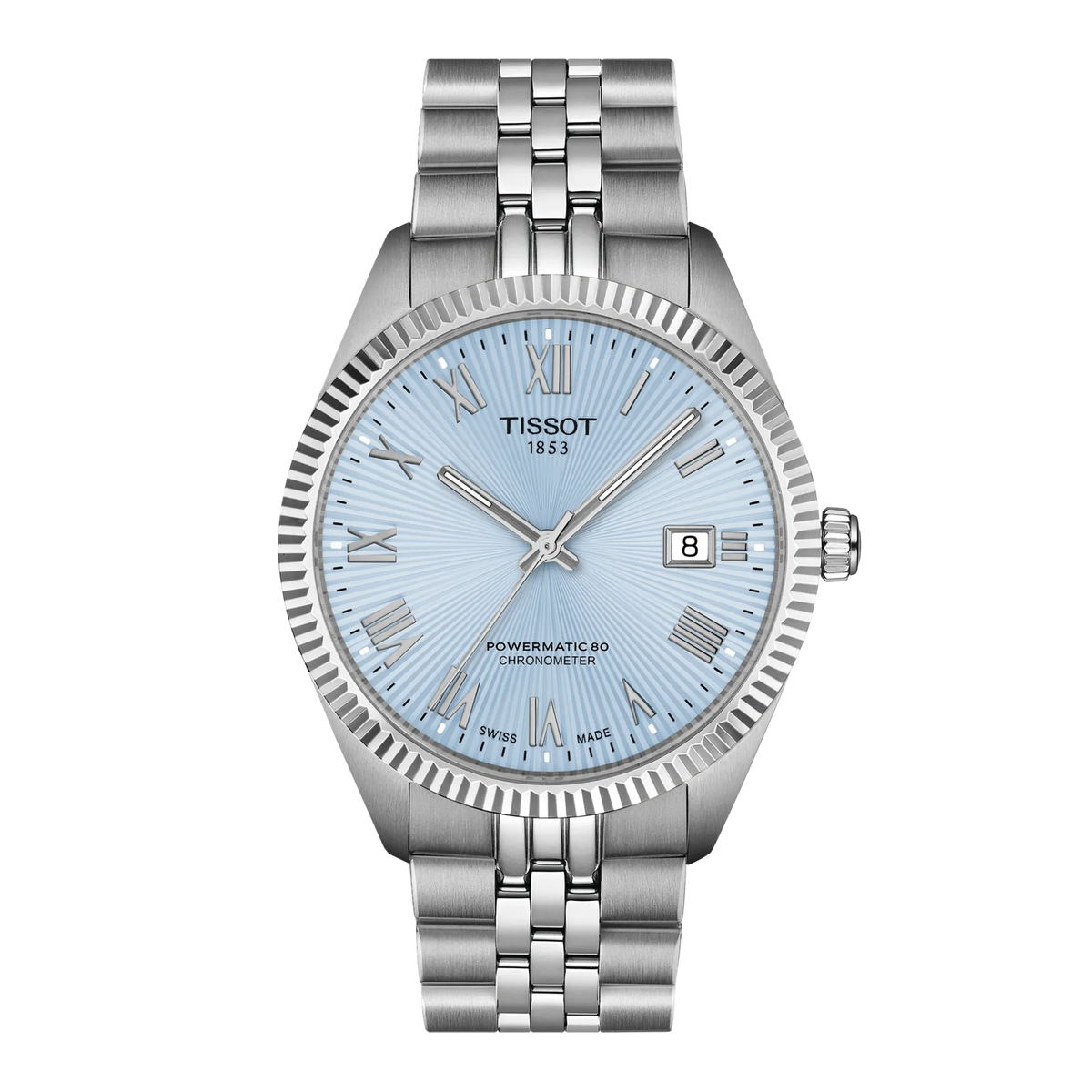Tissot Ballade Powermatic 80 Automatic 39mm Watch featuring a silver-tone finish, light blue dial, fluted bezel, link bracelet, and Powermatic 80 movement.