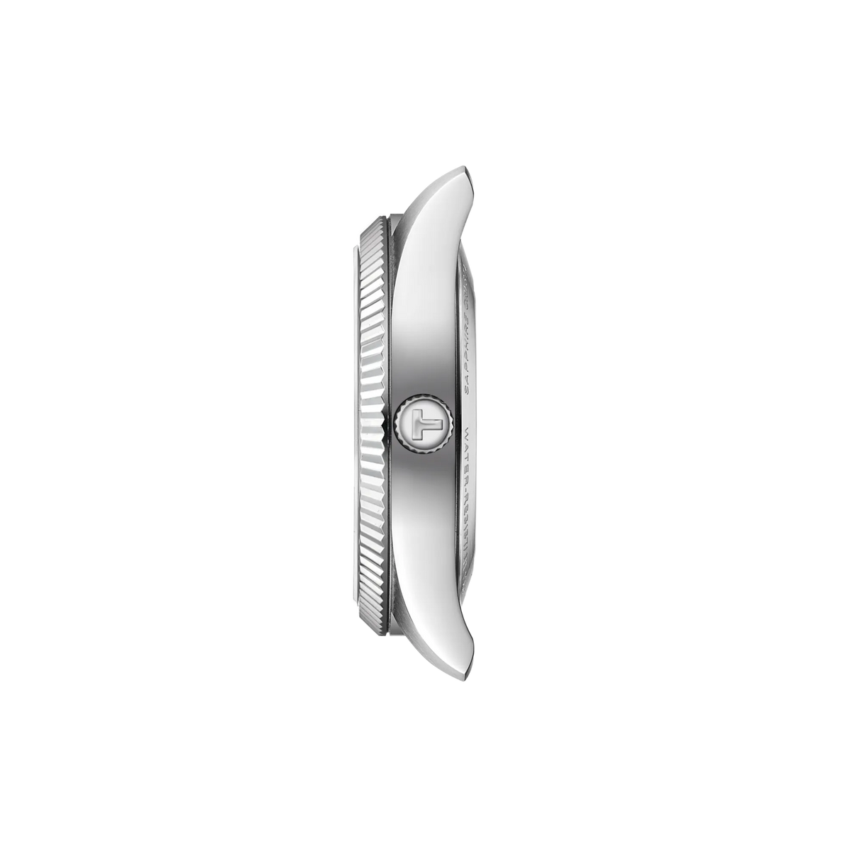 Side view of a silver-tone Tissot Ballade Powermatic 80 Automatic 39mm Watch with a knurled bezel and a crown embossed with a T logo.