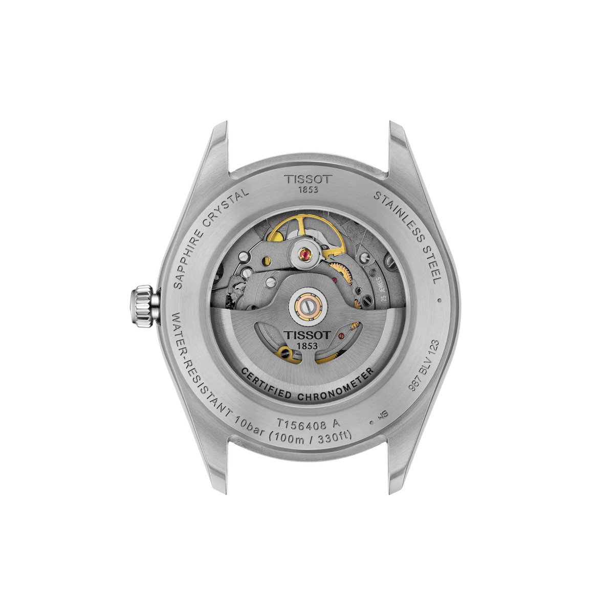 Exhibition case back of a Tissot Ballade Powermatic 80 Automatic 39mm Watch, revealing the silver-tone mechanical movement and oscillating weight.