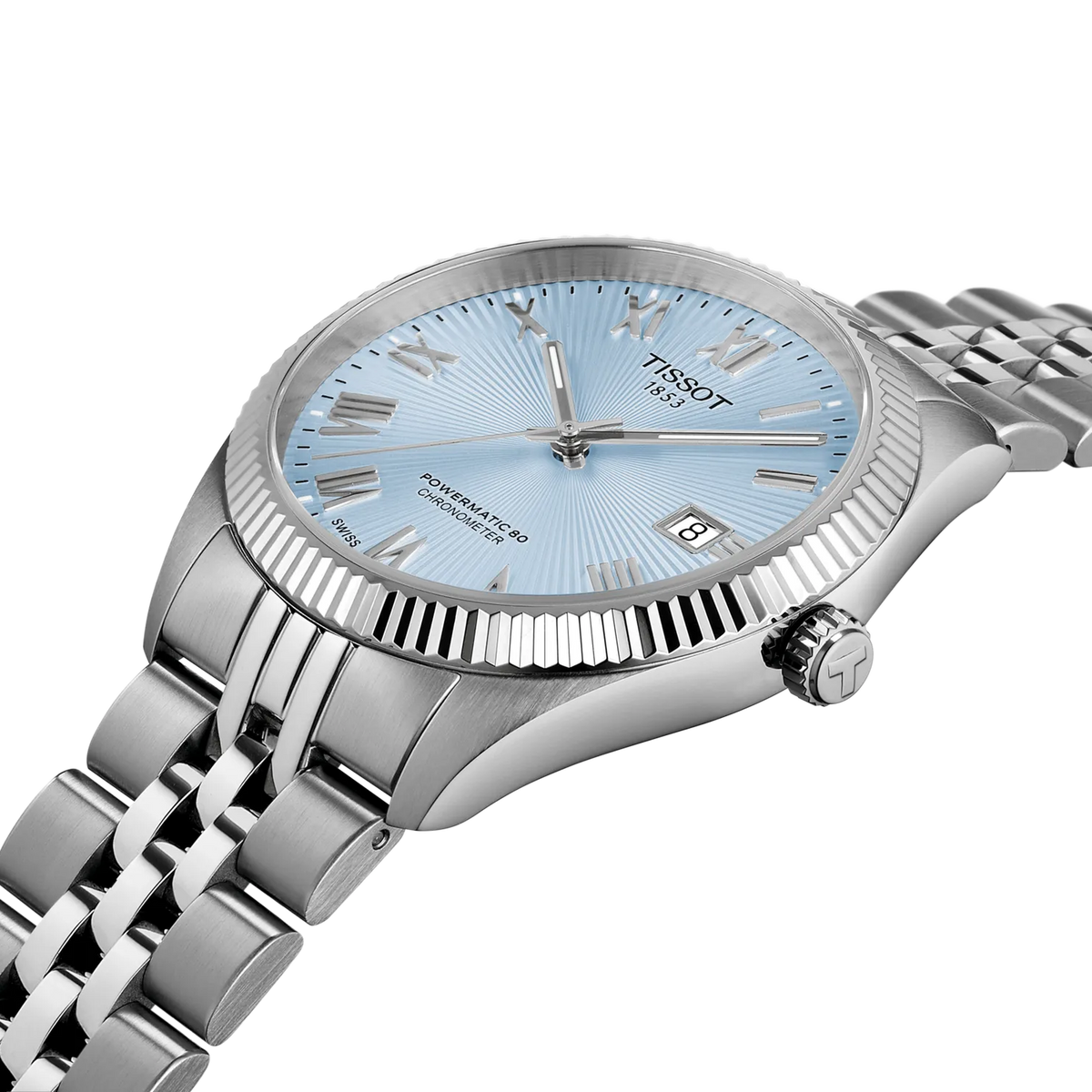 Tissot Ballade Powermatic 80 Automatic 39mm Watch in stainless steel with a light blue sunray dial, Roman numeral hour markers, and a date window at the three o’clock position.