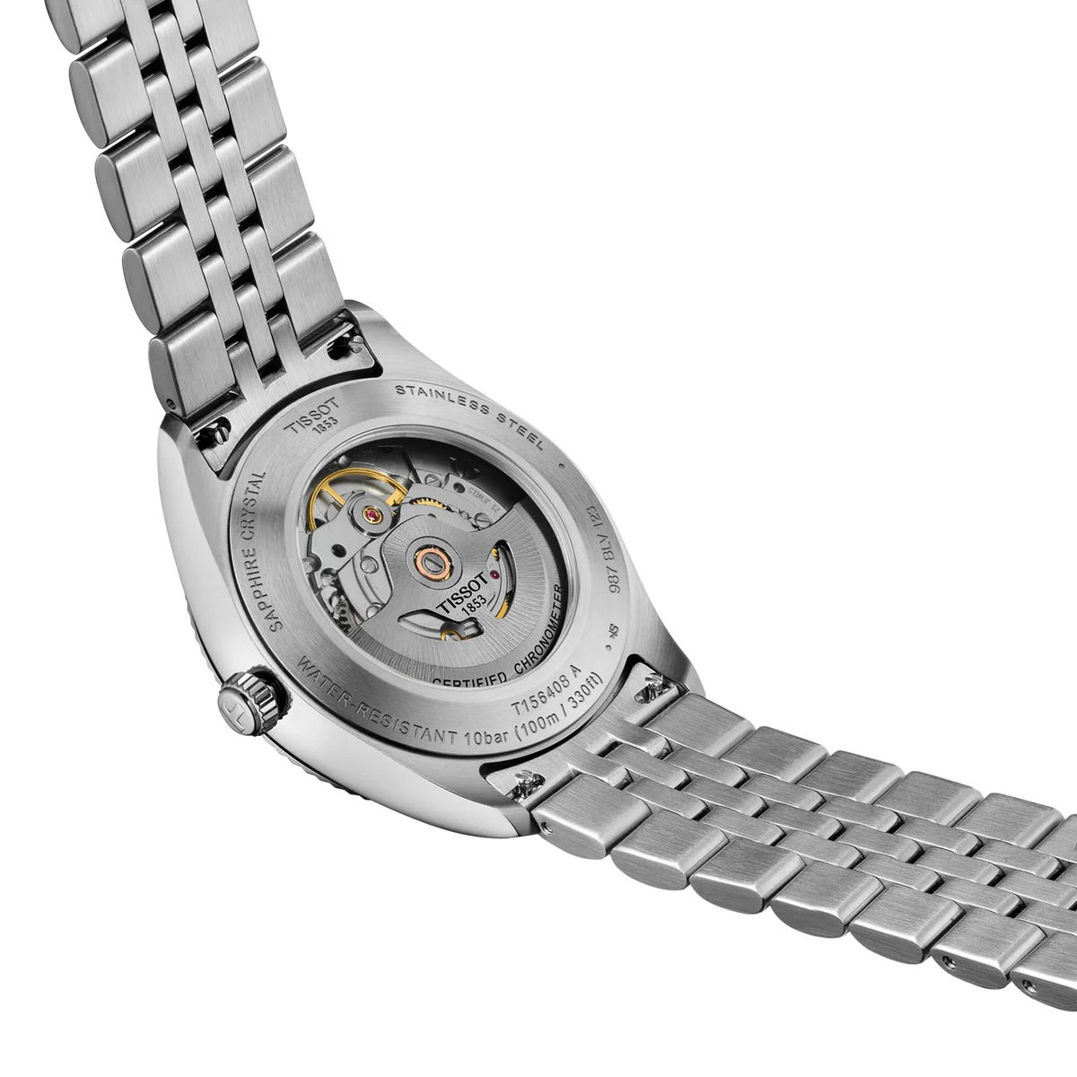 The exhibition case back of a silver-tone Tissot Ballade Powermatic 80 Automatic 39mm Watch showing the Powermatic 80 movement, attached to a metal link bracelet.