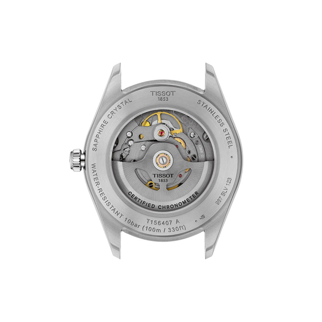Back view of the Tissot Ballade Powermatic 80 Automatic 39mm Watch, showing its mechanical movement through a transparent case back engraved with water resistance, sapphire crystal, and chronometer certification details.