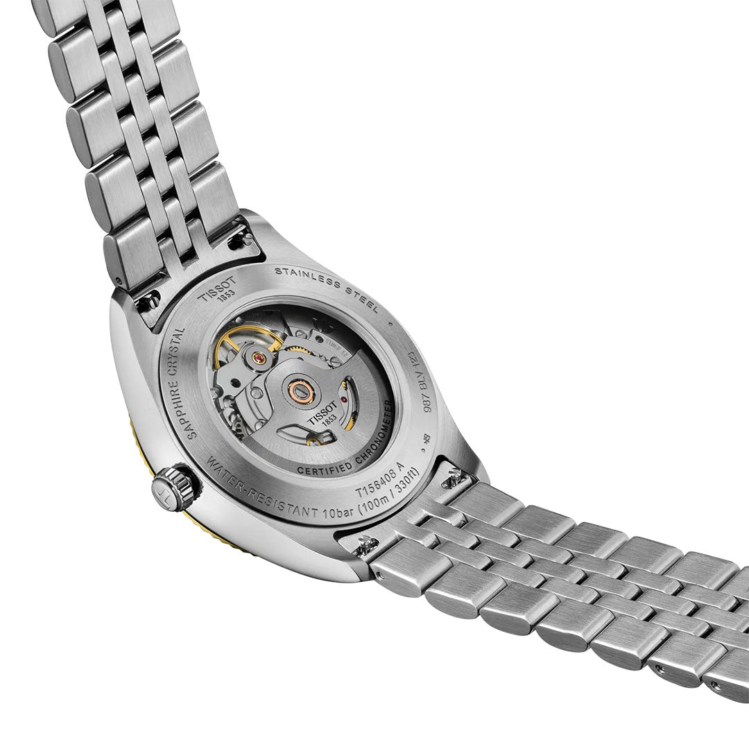 Close-up of the Tissot Ballade Powermatic 80 Automatic 39mm Watch in silver, featuring a stainless steel bracelet and a transparent case back revealing its certified mechanical movement.
