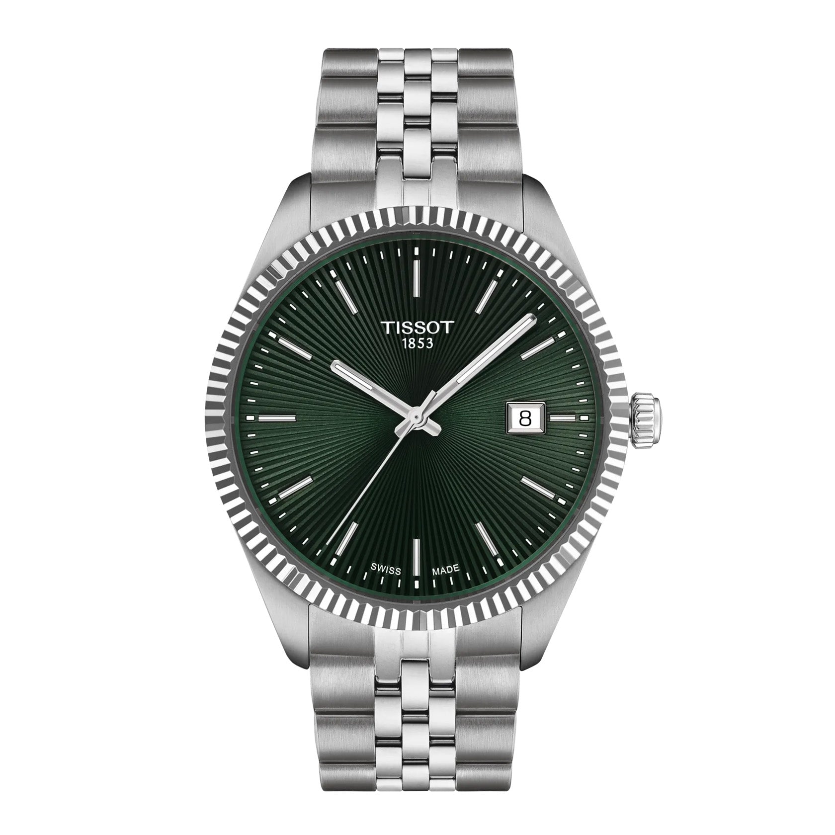 The Tissot Ballade Quartz 40mm Watch features a quick-release silver metal band, a green guilloché dial with the Tissot logo and "1853," silver hour markers and hands, and a date window at 3 o'clock.