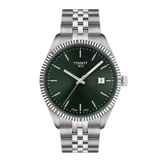 The Tissot Ballade Quartz 40mm Watch features a quick-release silver metal band, a green guilloché dial with the Tissot logo and "1853," silver hour markers and hands, and a date window at 3 o'clock.