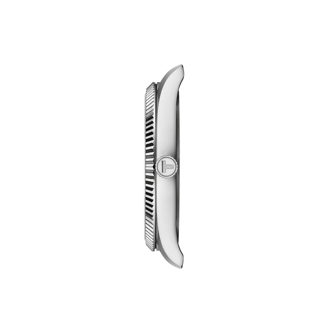 Side view of the Tissot Ballade Quartz 40mm Watch in silver with a fluted bezel and crown on the right, displayed against a plain white background.