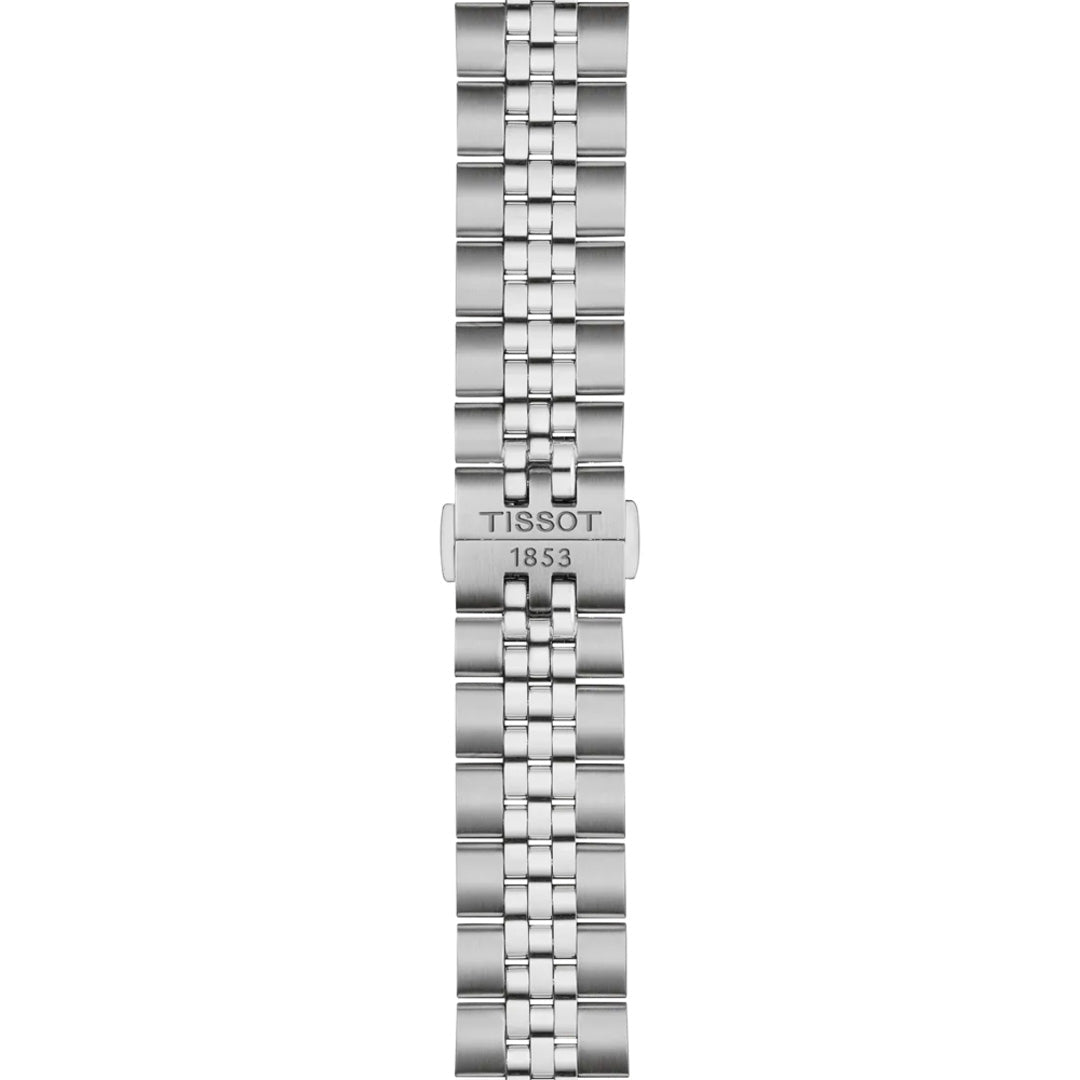 A polished, multi-link stainless steel bracelet for the Tissot Ballade Quartz 40mm Watch features a "TISSOT 1853" engraved clasp. The interchangeable band is shown vertically against a white background.
