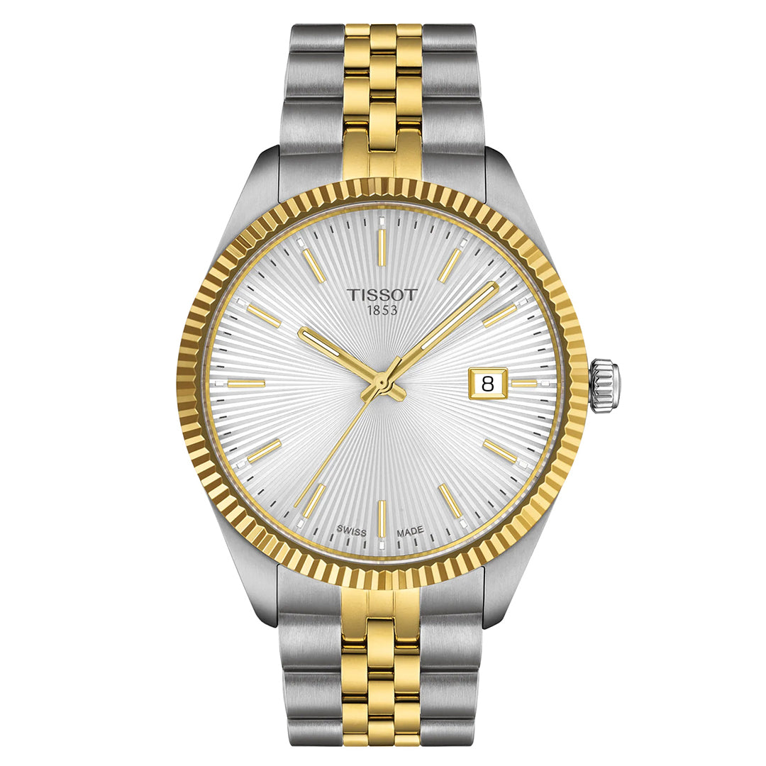 The Tissot Ballade Quartz 40mm Watch features a two-tone silver and gold stainless steel band, an elegant silver face with a traditional guilloché dial, and gold hour markers and hands. It includes a date display at the 3 o'clock position.