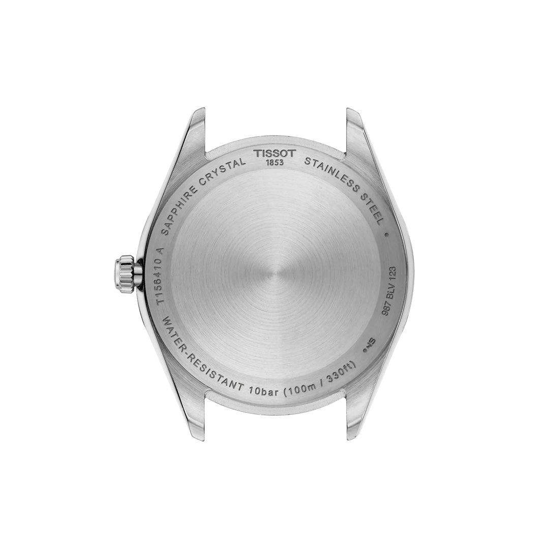 Back view of a round stainless steel Tissot Ballade Quartz 40mm Watch case with engravings on 10 bar/100m/330ft water resistance, sapphire crystal, and model details—designed for easy bracelet changes.