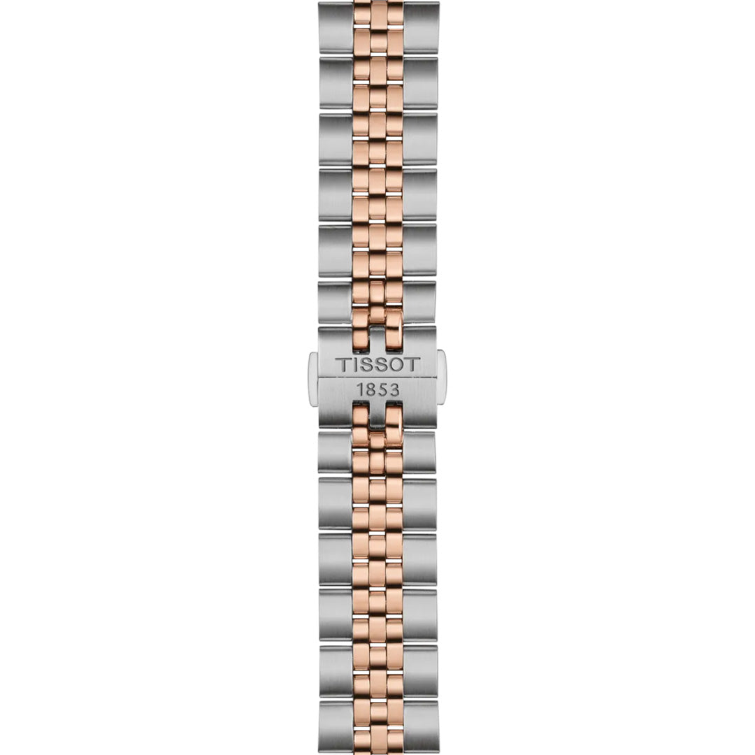 The Tissot Ballade Quartz 40mm Watch features a two-tone metal band with alternating silver and rose gold links, an interchangeable bracelet, and a center clasp engraved with "Tissot 1853.