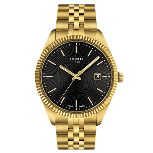 The Tissot Ballade Quartz 40mm Watch is a gold men's timepiece featuring a striking black guilloché dial with gold hour markers, a date window at 3 o'clock, and a gold link bracelet. The "Tissot 1853" brand name is elegantly displayed at the top of the dial.