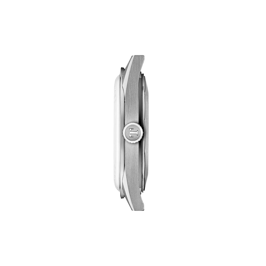 Side view of a Tissot Visodate Automatic 39mm Watch case with brushed metal finish, engraved "F" crown, and stainless-steel bracelet by Tissot, isolated on white background.
