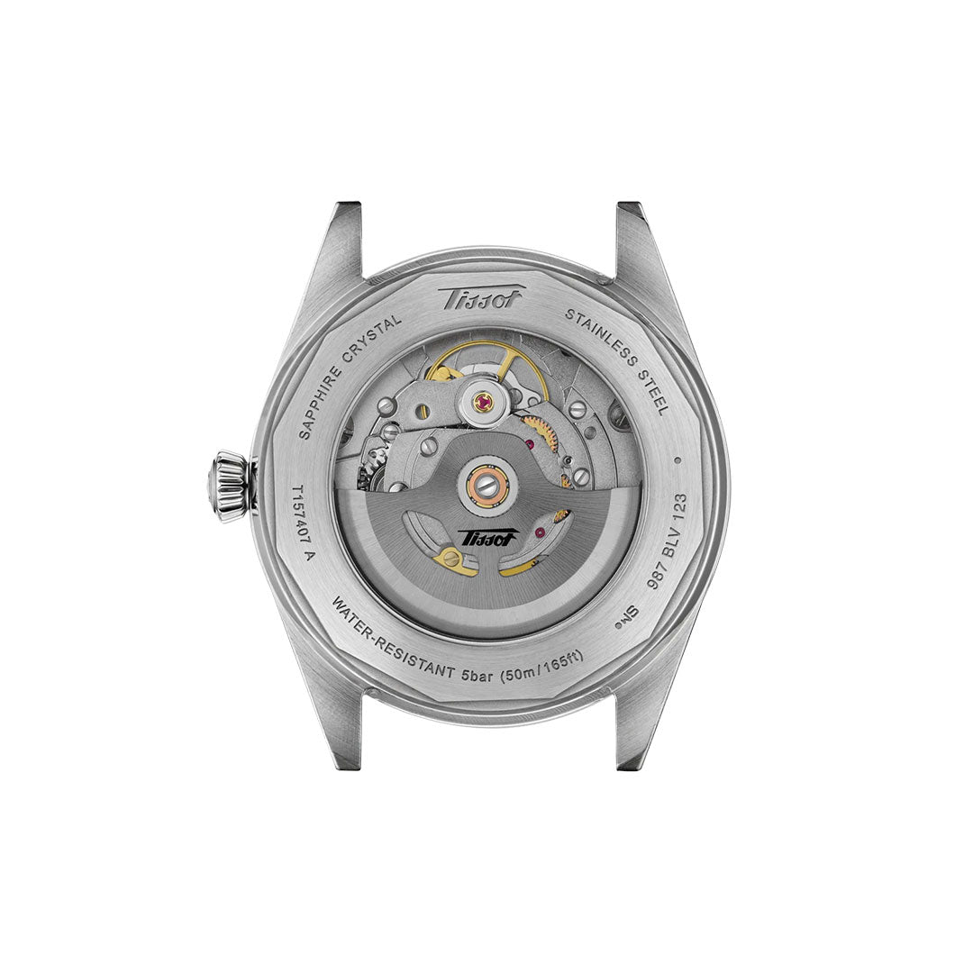 The Tissot Visodate Automatic 39mm Watch showcases its Powermatic 80 movement through a sapphire crystal case back, engraved with water resistance, stainless steel, and model details.