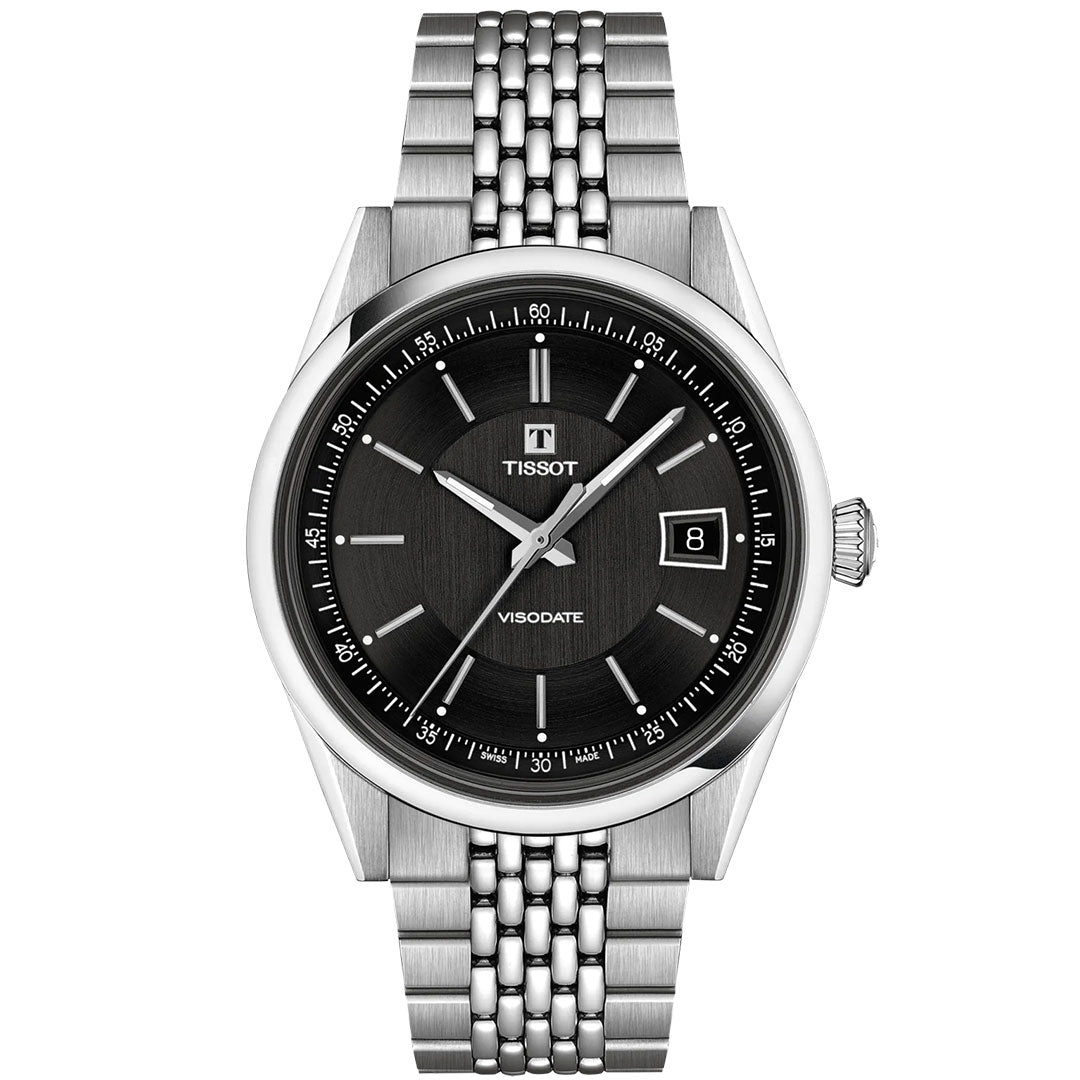 The Tissot Visodate Automatic 39mm Watch features a black dial, silver markers, date at 3 o’clock, stainless-steel bracelet, and precise Powermatic 80 movement by Tissot.