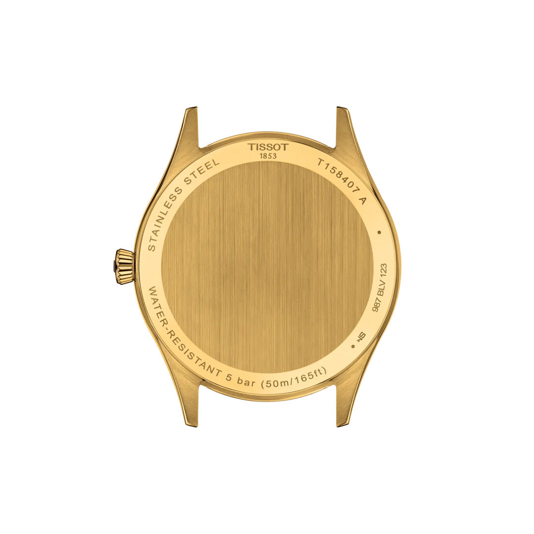 The gold-colored back of the Tissot Classic Dream Swissmatic 40mm features "STAINLESS STEEL", "WATER-RESISTANT 5 bar (50m/165ft)", model T135407A, and Swissmatic movement markings. No watch strap is attached.
