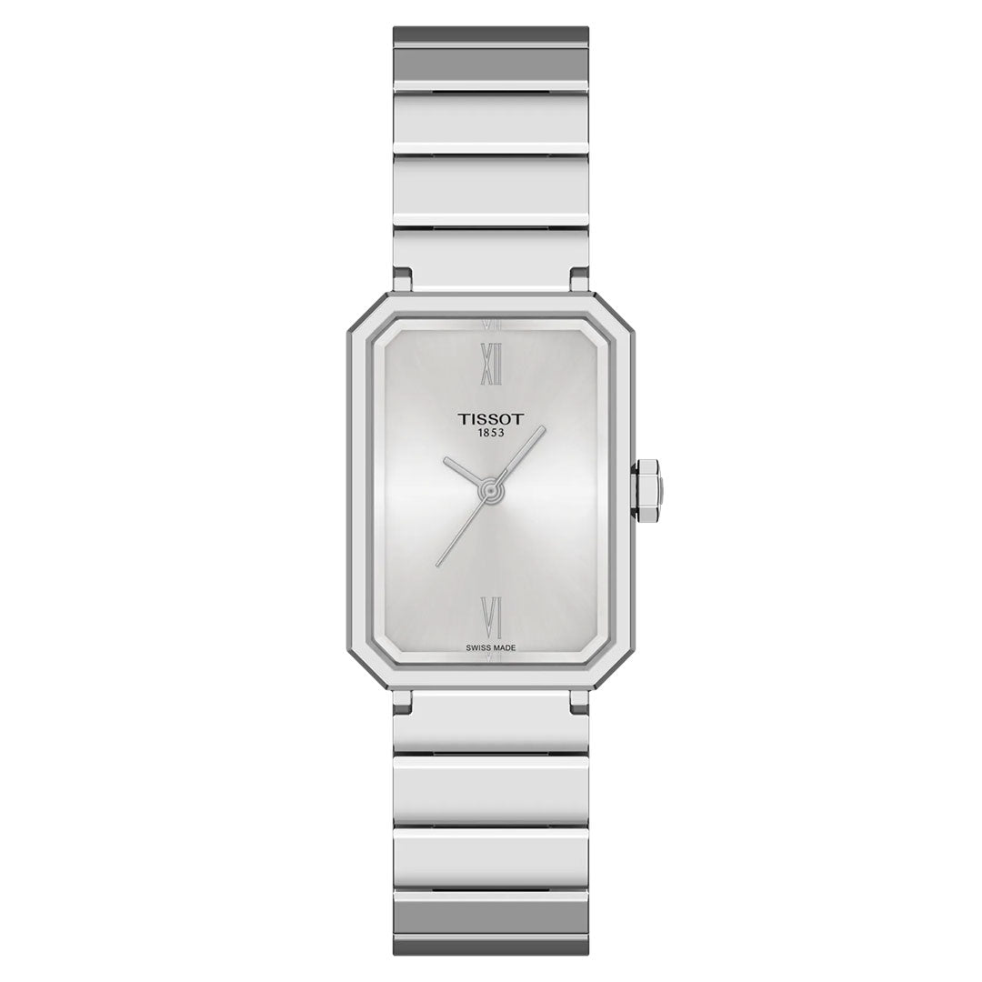 The Tissot SRV Quartz 30mm Watch features a silver rectangular case, minimalist design, sapphire rectangle dial with two hands, Roman numerals at 12 and 6 o’clock, a metal link bracelet, and the “Tissot 1853” logo on the face.