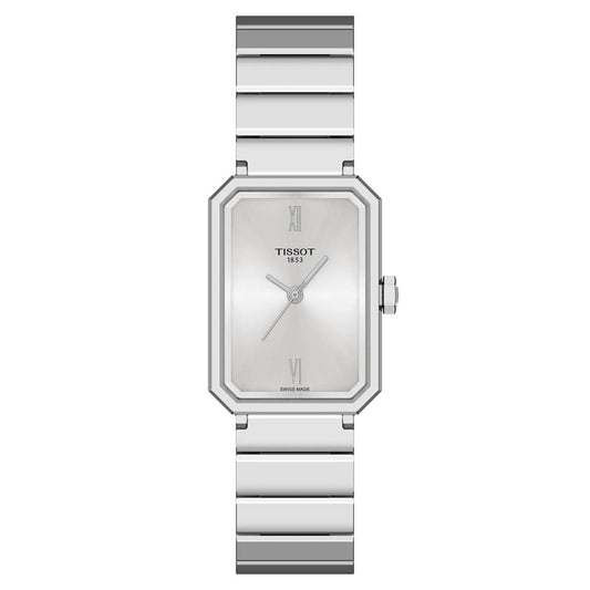 The Tissot SRV Quartz 30mm Watch features a silver rectangular case, minimalist design, sapphire rectangle dial with two hands, Roman numerals at 12 and 6 o’clock, a metal link bracelet, and the “Tissot 1853” logo on the face.
