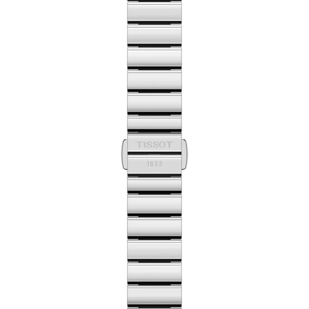 The Tissot SRV Quartz 30mm Watch features a polished silver metal band with a center clasp engraved "TISSOT 1853," boasting segmented links that offer a timeless look perfect for Art Deco-inspired style.