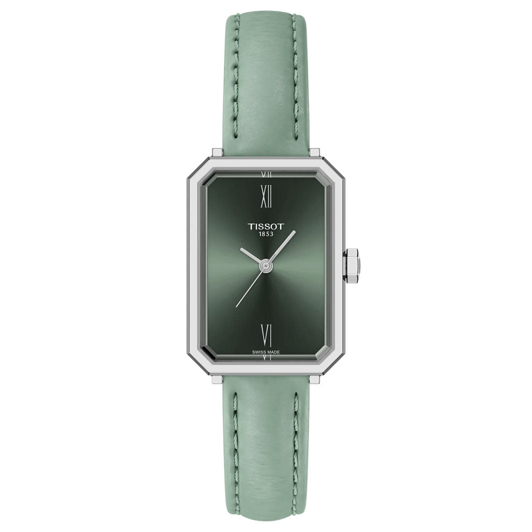 The Tissot SRV Quartz 30mm Watch features a rectangular case, green dial, silver hands, Roman numerals at 12 and 6 o’clock, mint green leather strap, and classic Art Deco style with the Tissot logo on the watch face.