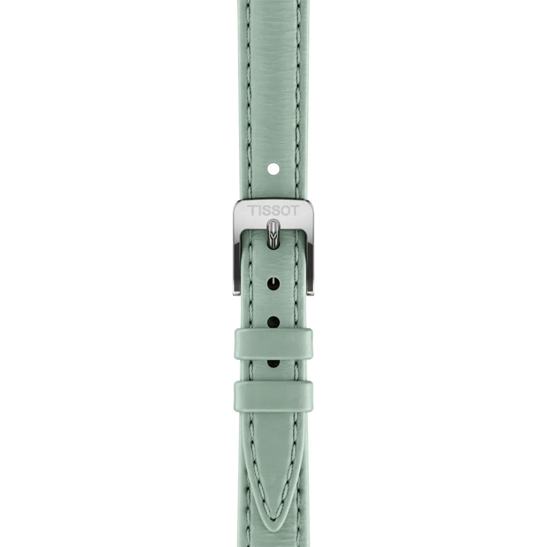 A light green leather strap with visible stitching and a TISSOT-engraved stainless-steel buckle features multiple adjustment holes—ideal for enhancing your Tissot SRV Quartz 30mm Watch.