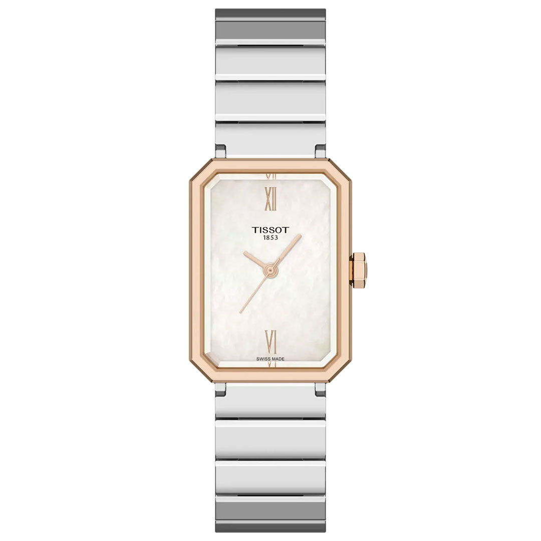 The Tissot SRV Quartz 30mm Watch features a rectangular case, silver metal band, rose gold bezel, and white mother-of-pearl dial with gold Roman numerals at 12 and 6 o’clock—a stylish Art Deco statement by Tissot.