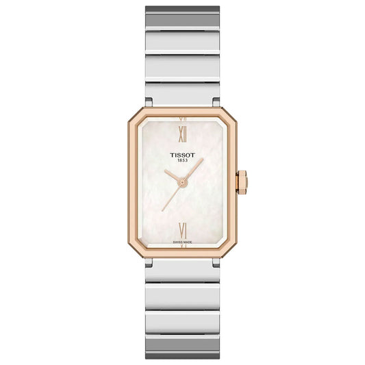 The Tissot SRV Quartz 30mm Watch features a rectangular case, silver metal band, rose gold bezel, and white mother-of-pearl dial with gold Roman numerals at 12 and 6 o’clock—a stylish Art Deco statement by Tissot.