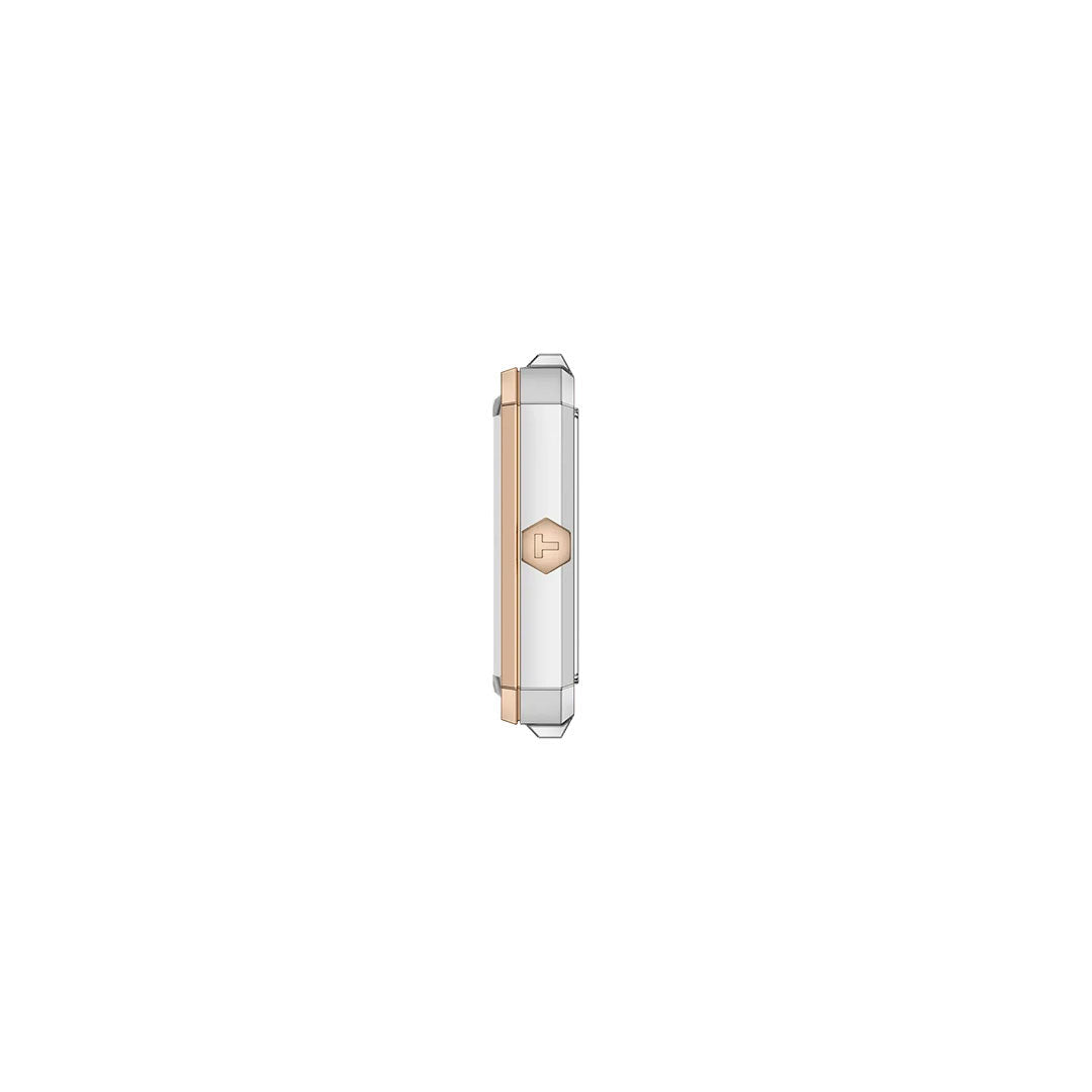 Side view of the Tissot SRV Quartz 30mm Watch by Tissot, showcasing its round metallic case, sapphire glass, and central rose gold crown against a plain white background.