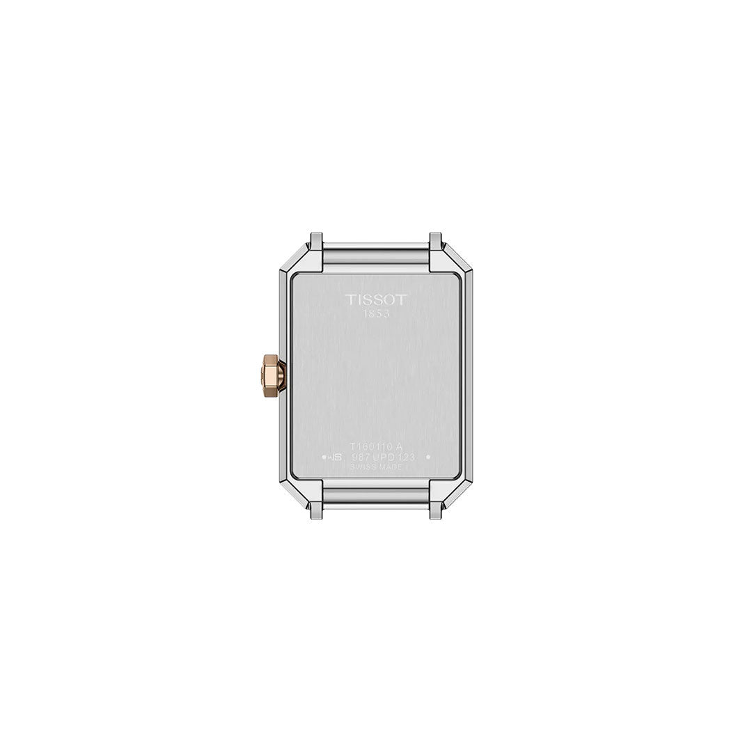 The Tissot SRV Quartz 30mm Watch features a rectangular sapphire case back, a gold crown on the left, and Art Deco engravings, presented against a plain white background.