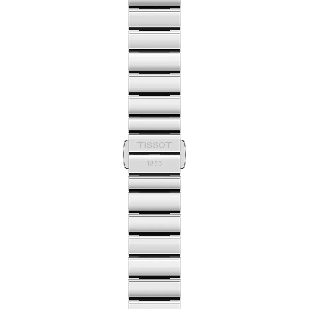 The Tissot SRV Quartz 30mm Watch features a polished silver metal band with horizontal links, a clasp engraved with "TISSOT" and "1853," and is designed for the rectangular sapphire Tissot watch.