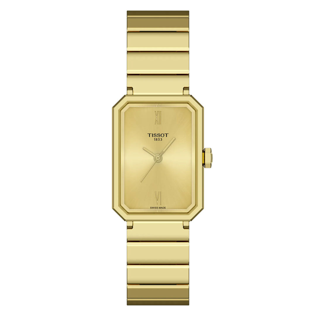 The Tissot SRV Quartz 30mm Watch features a rectangular gold case, minimalist Art Deco design, Roman numerals at key hours, a matching gold metal band, and durable sapphire glass.