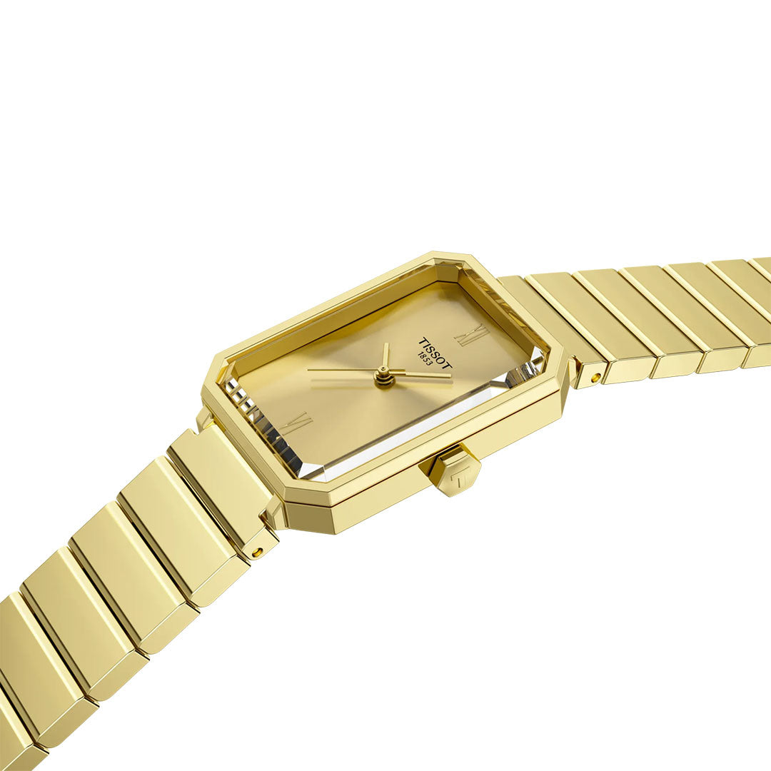 The Tissot SRV Quartz 30mm Watch features an Art Deco design with a rectangular gold face, matching gold metal bracelet, and quartz movement, elegantly displayed by Tissot.