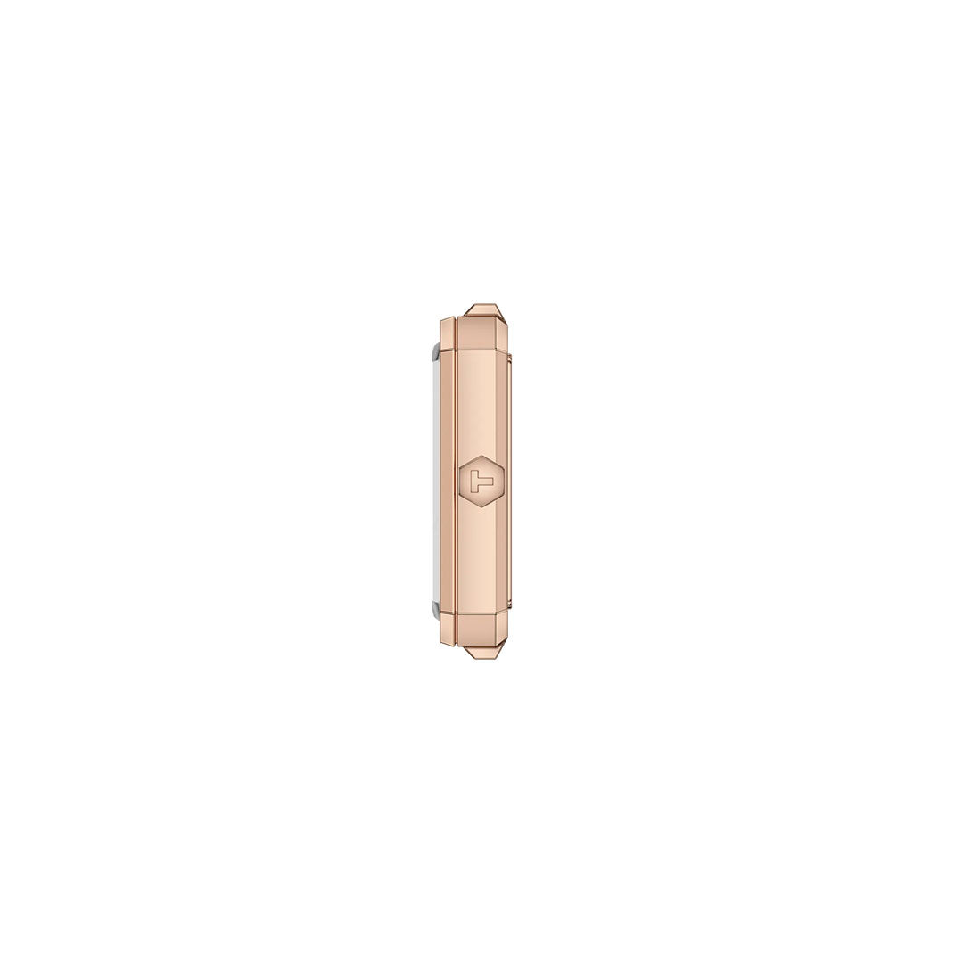 Side view of the Tissot SRV Quartz 30mm Watch in slim rose gold, featuring a rectangular sapphire case and central T-shaped button, reflecting Art Deco elegance, set against a plain white background.