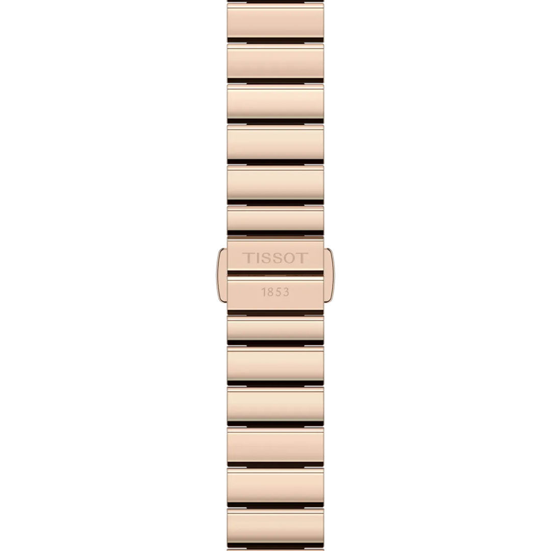 A rose gold metal band with a "TISSOT 1853" clasp and polished, segmented links—ideal for enhancing your Tissot SRV Quartz 30mm watch and Art Deco collection.