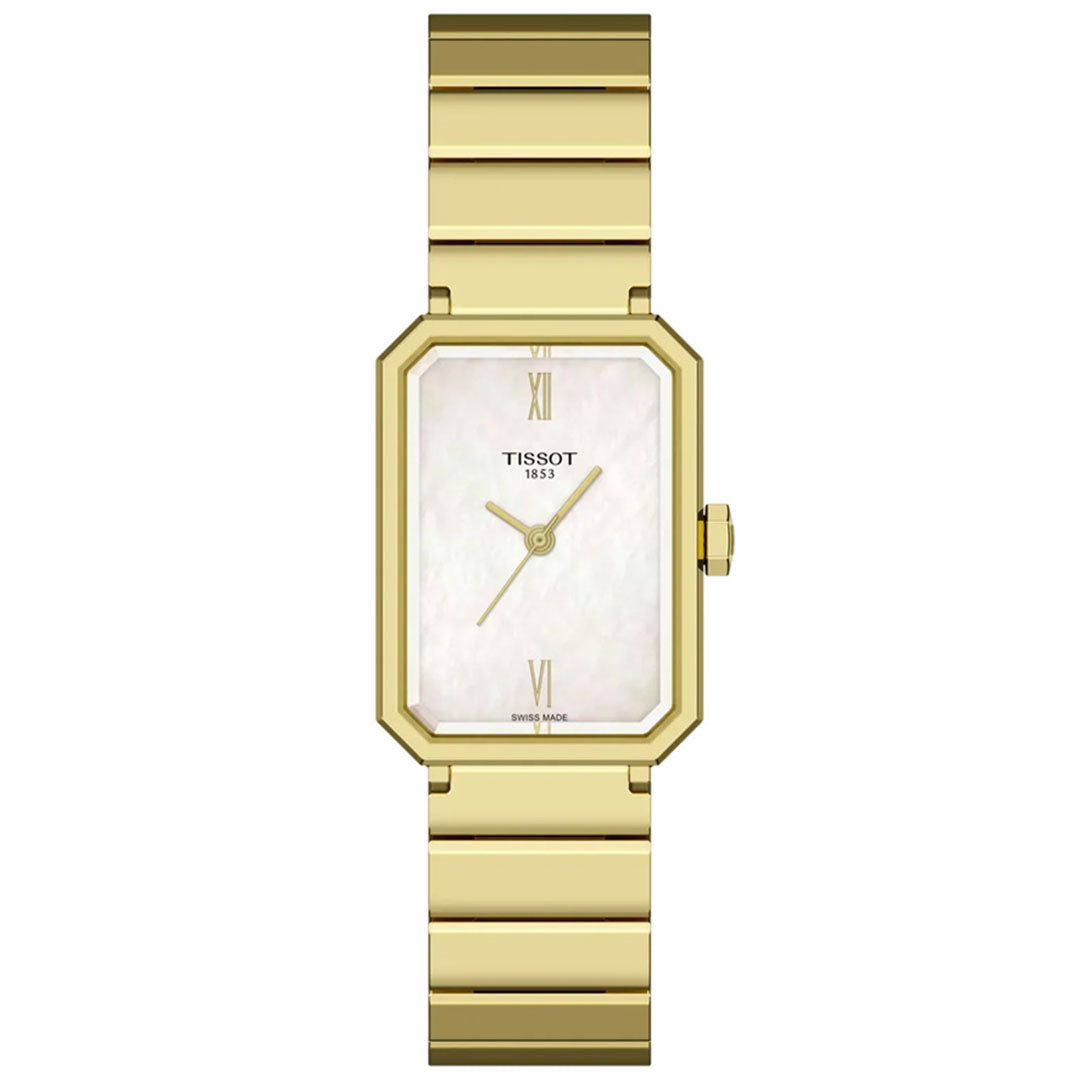 The Tissot SRV Quartz 30mm Watch features a gold rectangular case, white dial with gold Roman numerals at 12 and 6, matching gold link band, minimal design, and durable sapphire glass for timeless elegance.