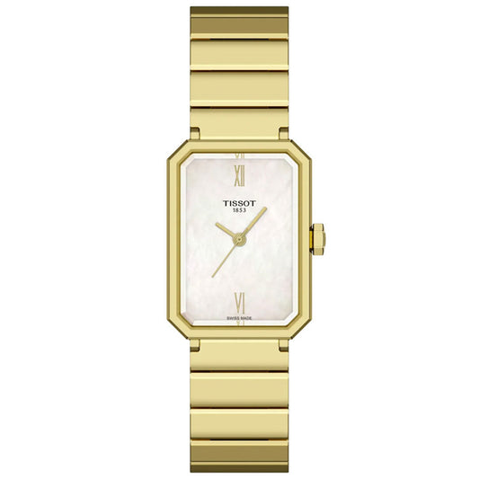 The Tissot SRV Quartz 30mm Watch features a gold rectangular case, white dial with gold Roman numerals at 12 and 6, matching gold link band, minimal design, and durable sapphire glass for timeless elegance.