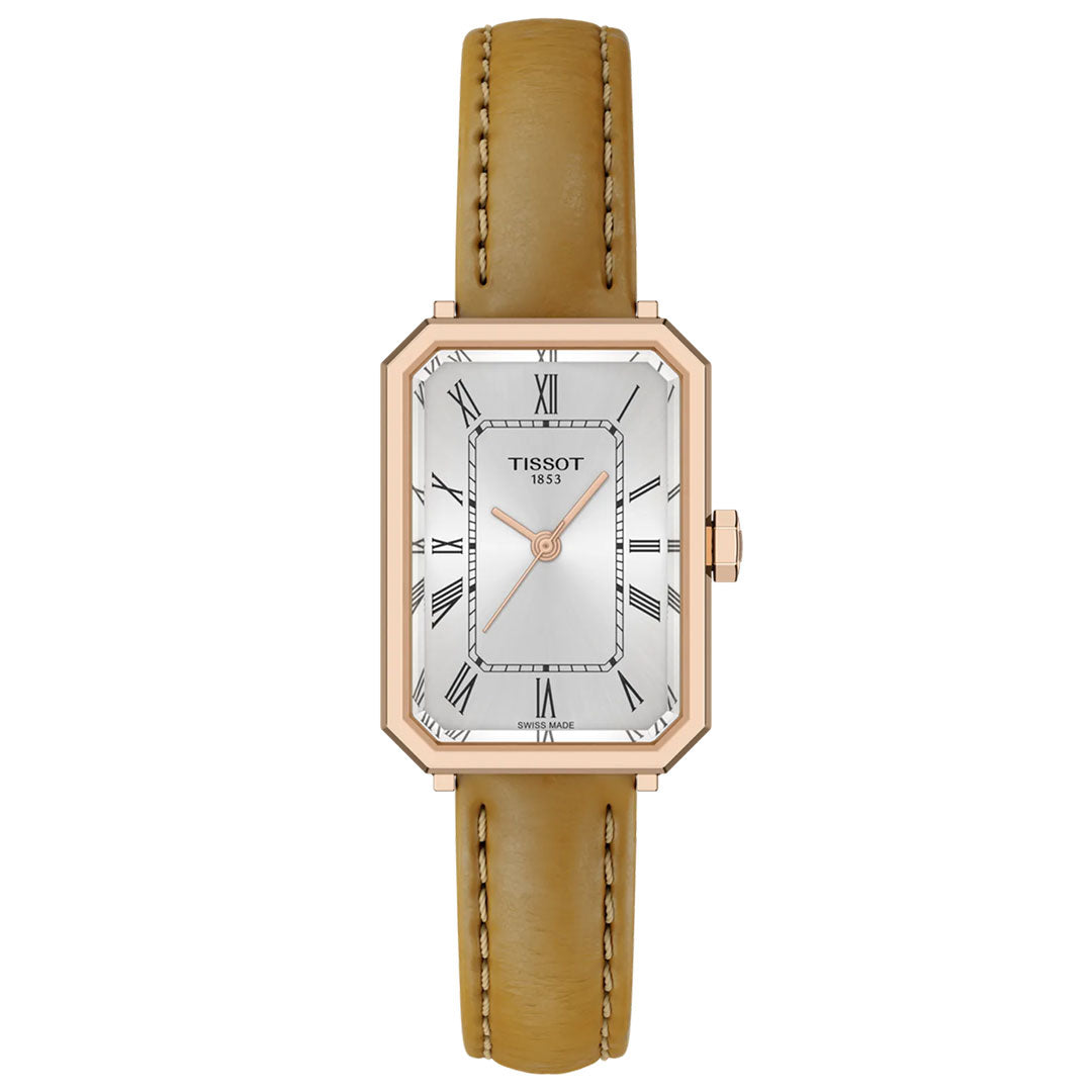 The Tissot SRV Quartz 30mm Watch features a rectangular gold case, white dial with Roman numerals, gold-tone hands, and a brown leather strap with visible stitching. This Art Deco style timepiece is crafted by Tissot.