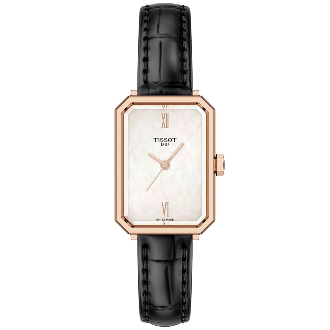 The Tissot SRV Quartz 30mm features a rose gold case, white dial, Roman numerals at 12 and 6, gold hands, minimal markings, and a black leather strap for an elegant Art Deco-inspired look.