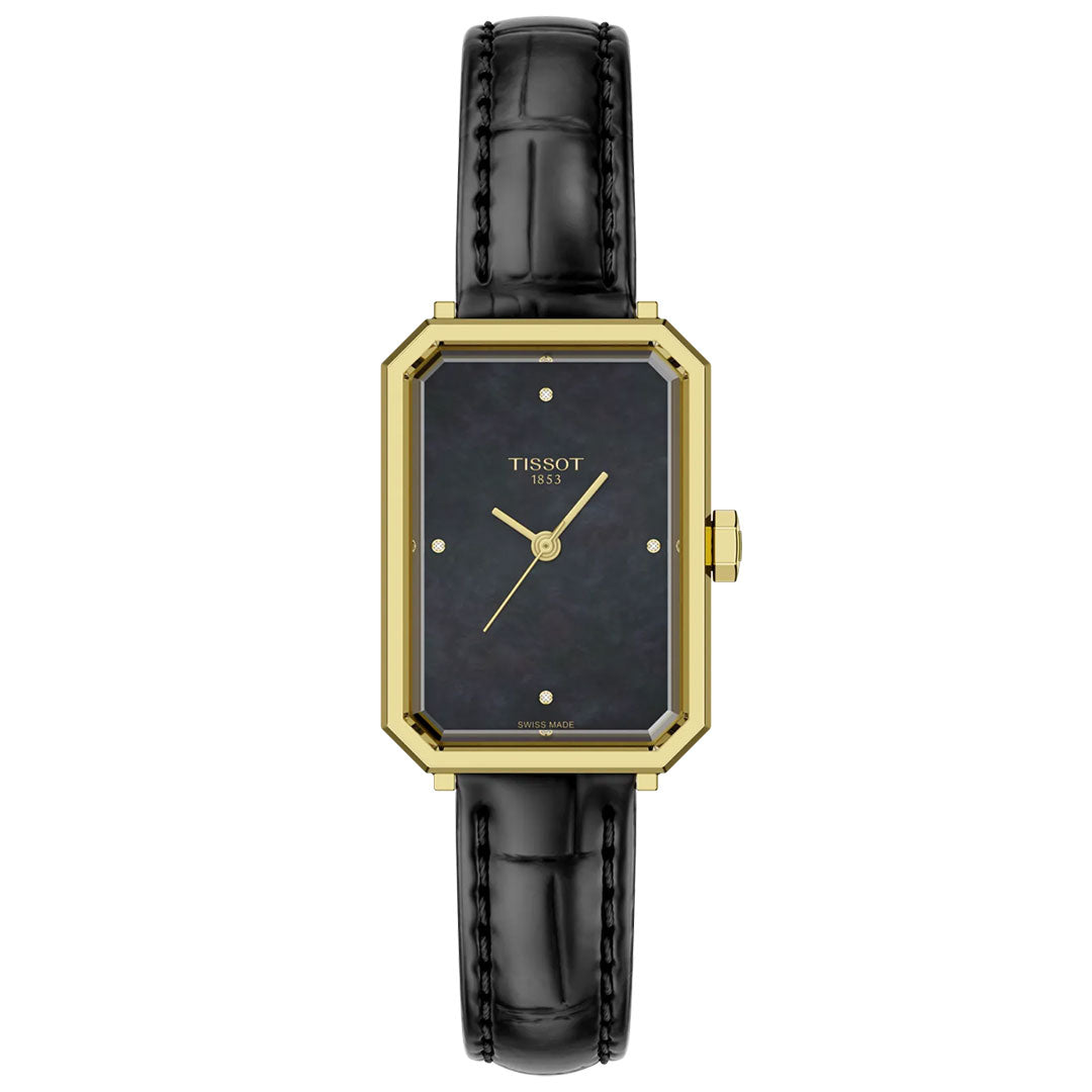 The Tissot SRV Quartz 30mm Watch by Tissot features a rectangular gold-tone case, dark dial, minimalist gold hour and minute hands, and a black leather strap, displayed against a white background.